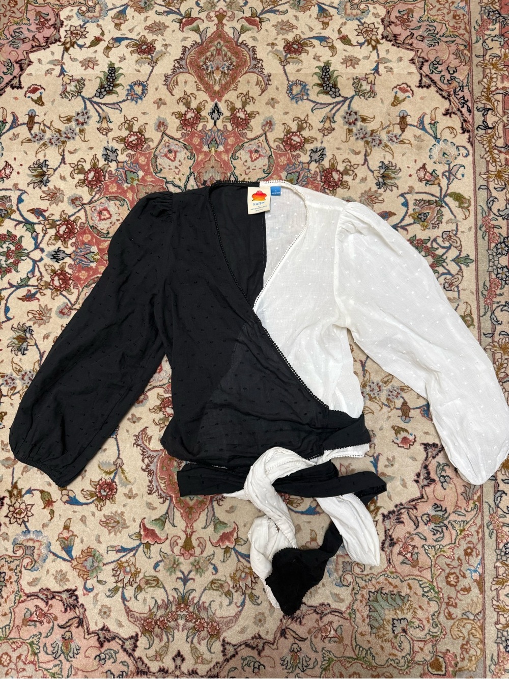 FARM Rio (Anthropologie) Two-Tone Wrap Blouse in Black & White
